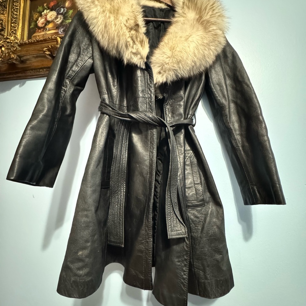 Sold on Mrcri - Women's Black Leather Coat with Fur Collar